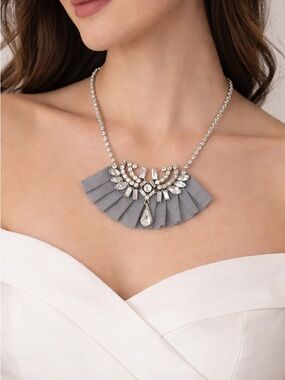 Banana Republic Rhinestone Statement Necklace Silver Grey Pleated Fringe Drop